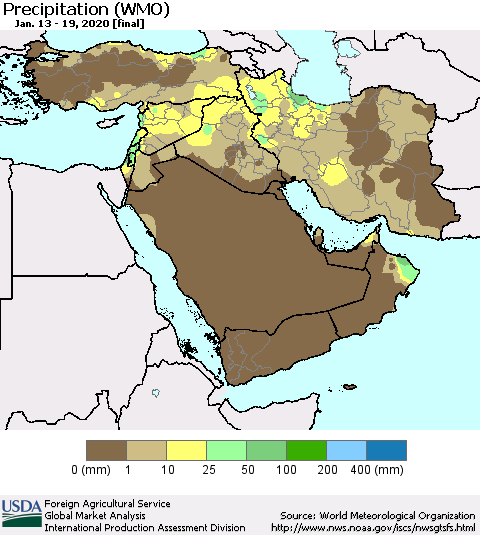 Middle East and Turkey Precipitation (WMO) Thematic Map For 1/13/2020 - 1/19/2020