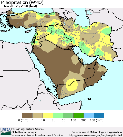 Middle East and Turkey Precipitation (WMO) Thematic Map For 1/20/2020 - 1/26/2020