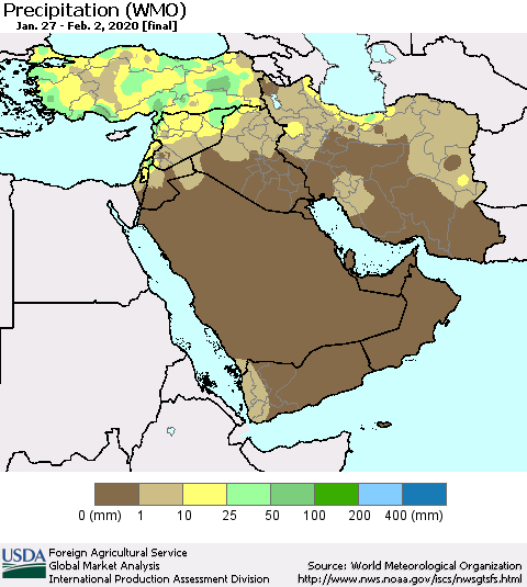 Middle East and Turkey Precipitation (WMO) Thematic Map For 1/27/2020 - 2/2/2020