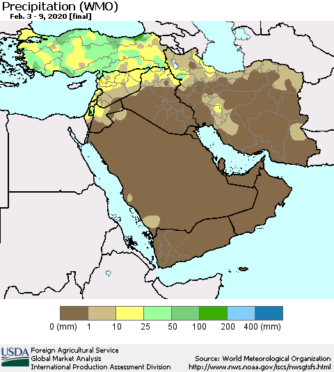 Middle East and Turkey Precipitation (WMO) Thematic Map For 2/3/2020 - 2/9/2020