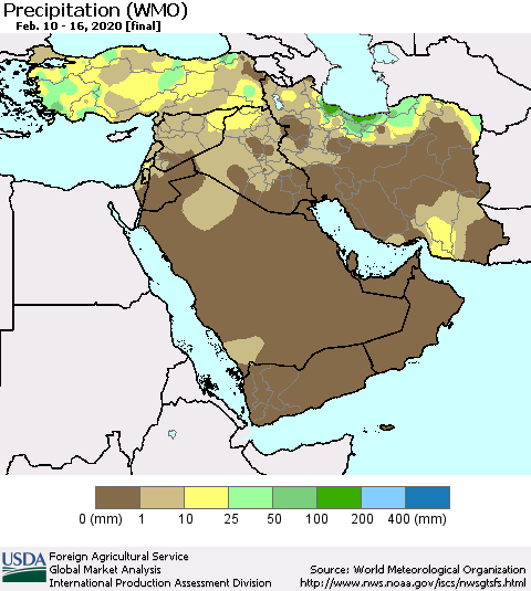 Middle East and Turkey Precipitation (WMO) Thematic Map For 2/10/2020 - 2/16/2020