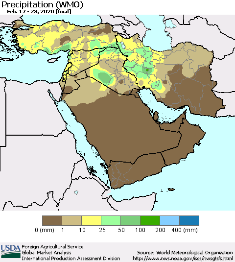 Middle East and Turkey Precipitation (WMO) Thematic Map For 2/17/2020 - 2/23/2020