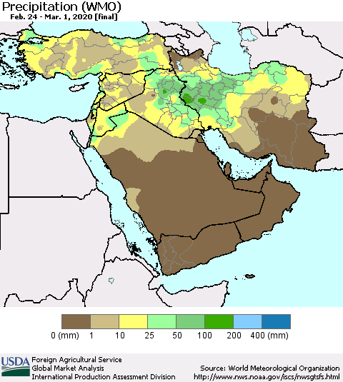Middle East and Turkey Precipitation (WMO) Thematic Map For 2/24/2020 - 3/1/2020