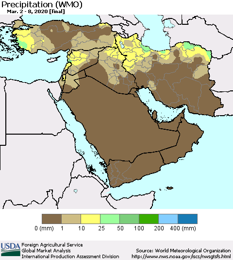 Middle East and Turkey Precipitation (WMO) Thematic Map For 3/2/2020 - 3/8/2020