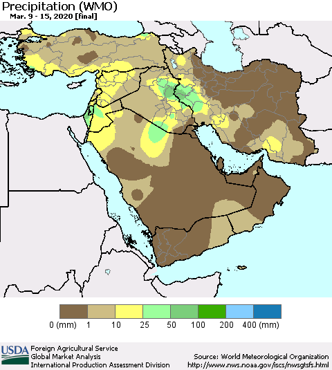 Middle East and Turkey Precipitation (WMO) Thematic Map For 3/9/2020 - 3/15/2020