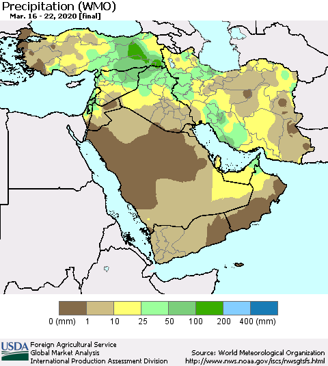 Middle East and Turkey Precipitation (WMO) Thematic Map For 3/16/2020 - 3/22/2020