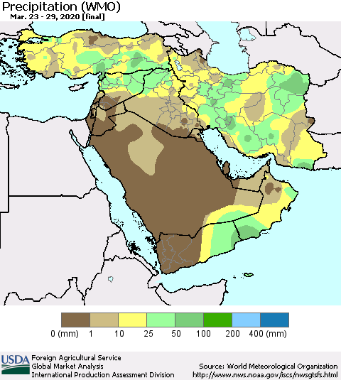 Middle East and Turkey Precipitation (WMO) Thematic Map For 3/23/2020 - 3/29/2020