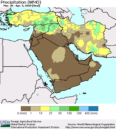 Middle East and Turkey Precipitation (WMO) Thematic Map For 3/30/2020 - 4/5/2020