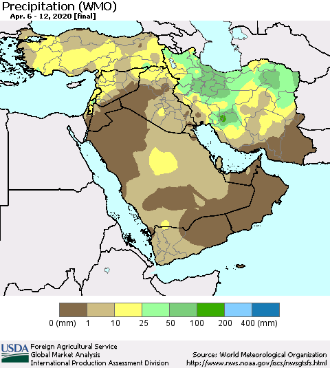 Middle East and Turkey Precipitation (WMO) Thematic Map For 4/6/2020 - 4/12/2020