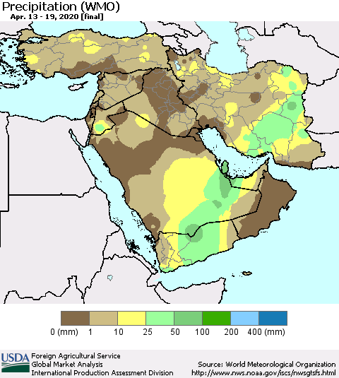 Middle East and Turkey Precipitation (WMO) Thematic Map For 4/13/2020 - 4/19/2020