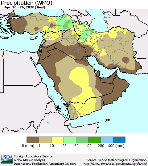 Middle East and Turkey Precipitation (WMO) Thematic Map For 4/20/2020 - 4/26/2020