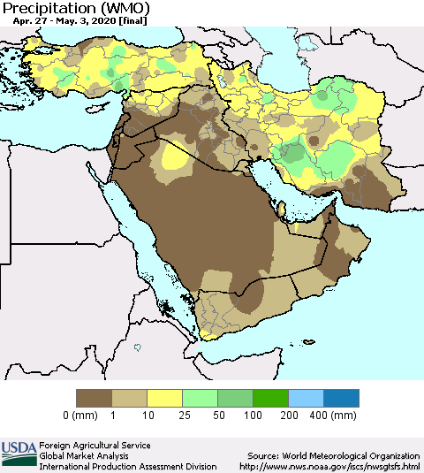 Middle East and Turkey Precipitation (WMO) Thematic Map For 4/27/2020 - 5/3/2020