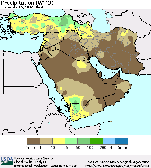 Middle East and Turkey Precipitation (WMO) Thematic Map For 5/4/2020 - 5/10/2020