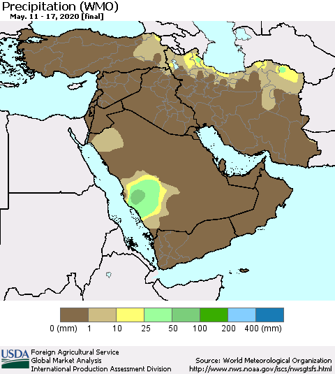 Middle East and Turkey Precipitation (WMO) Thematic Map For 5/11/2020 - 5/17/2020