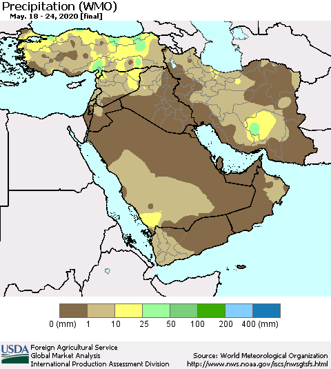 Middle East and Turkey Precipitation (WMO) Thematic Map For 5/18/2020 - 5/24/2020