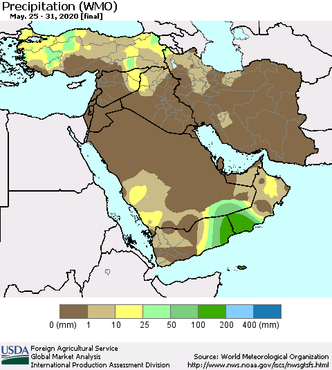 Middle East and Turkey Precipitation (WMO) Thematic Map For 5/25/2020 - 5/31/2020