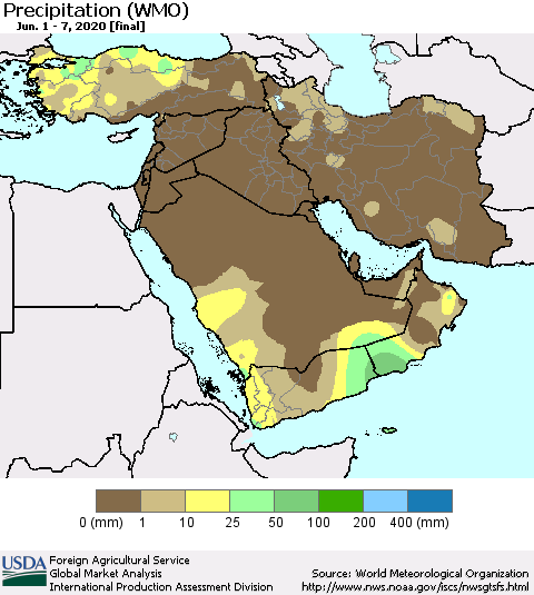Middle East and Turkey Precipitation (WMO) Thematic Map For 6/1/2020 - 6/7/2020