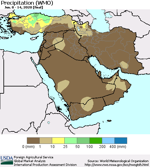 Middle East and Turkey Precipitation (WMO) Thematic Map For 6/8/2020 - 6/14/2020