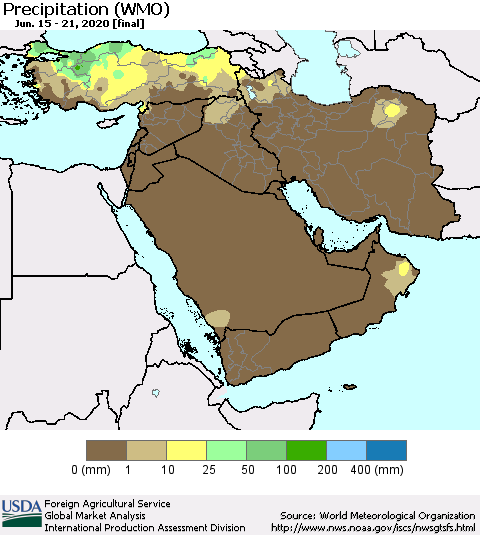 Middle East and Turkey Precipitation (WMO) Thematic Map For 6/15/2020 - 6/21/2020