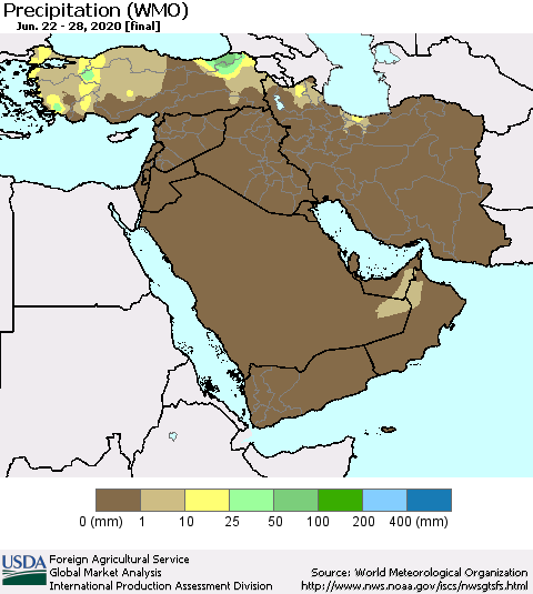 Middle East and Turkey Precipitation (WMO) Thematic Map For 6/22/2020 - 6/28/2020
