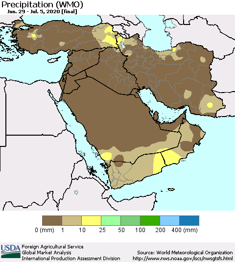 Middle East and Turkey Precipitation (WMO) Thematic Map For 6/29/2020 - 7/5/2020