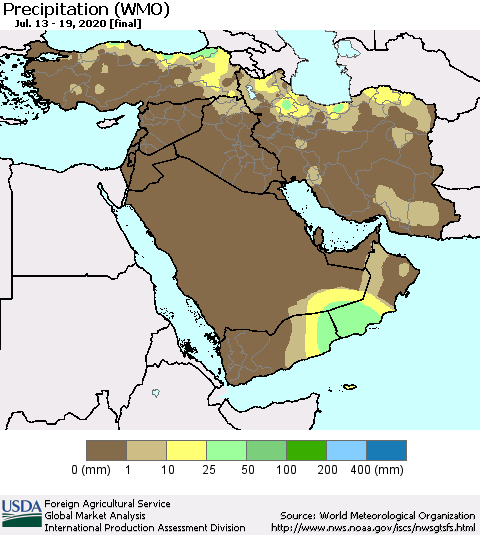 Middle East and Turkey Precipitation (WMO) Thematic Map For 7/13/2020 - 7/19/2020