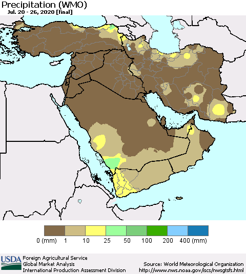 Middle East and Turkey Precipitation (WMO) Thematic Map For 7/20/2020 - 7/26/2020