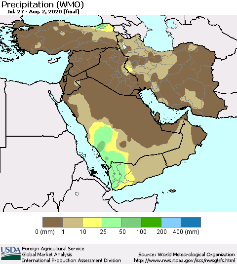 Middle East and Turkey Precipitation (WMO) Thematic Map For 7/27/2020 - 8/2/2020
