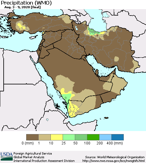 Middle East and Turkey Precipitation (WMO) Thematic Map For 8/3/2020 - 8/9/2020