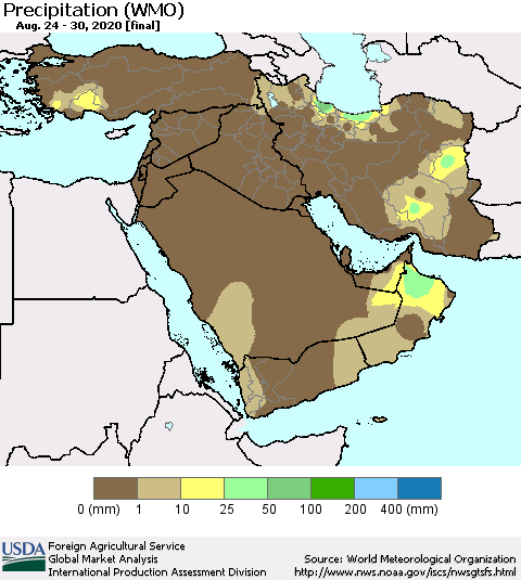 Middle East and Turkey Precipitation (WMO) Thematic Map For 8/24/2020 - 8/30/2020