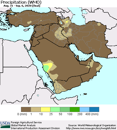 Middle East and Turkey Precipitation (WMO) Thematic Map For 8/31/2020 - 9/6/2020