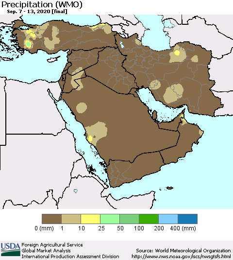 Middle East and Turkey Precipitation (WMO) Thematic Map For 9/7/2020 - 9/13/2020
