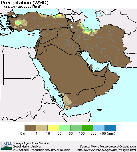 Middle East and Turkey Precipitation (WMO) Thematic Map For 9/14/2020 - 9/20/2020