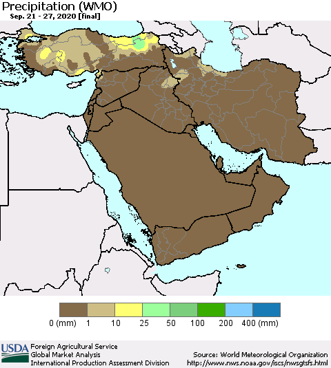 Middle East and Turkey Precipitation (WMO) Thematic Map For 9/21/2020 - 9/27/2020