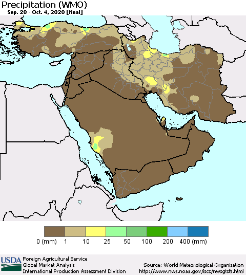 Middle East and Turkey Precipitation (WMO) Thematic Map For 9/28/2020 - 10/4/2020