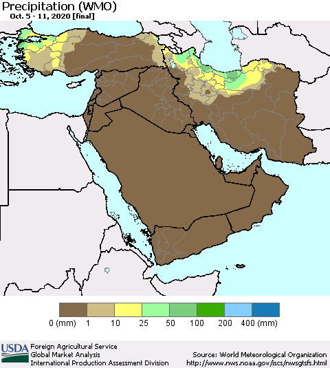Middle East and Turkey Precipitation (WMO) Thematic Map For 10/5/2020 - 10/11/2020