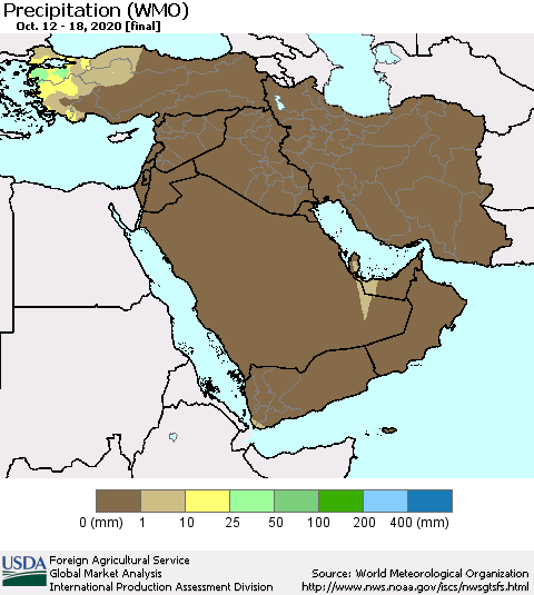 Middle East and Turkey Precipitation (WMO) Thematic Map For 10/12/2020 - 10/18/2020