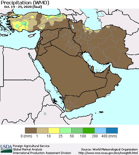 Middle East and Turkey Precipitation (WMO) Thematic Map For 10/19/2020 - 10/25/2020