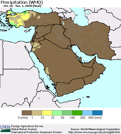 Middle East and Turkey Precipitation (WMO) Thematic Map For 10/26/2020 - 11/1/2020