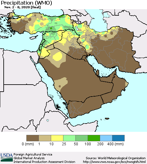 Middle East and Turkey Precipitation (WMO) Thematic Map For 11/2/2020 - 11/8/2020