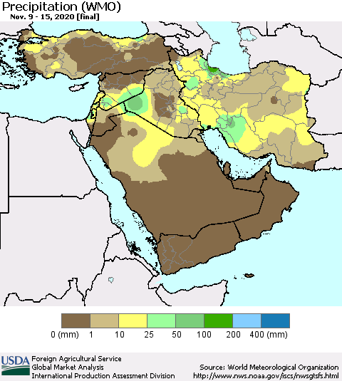 Middle East and Turkey Precipitation (WMO) Thematic Map For 11/9/2020 - 11/15/2020