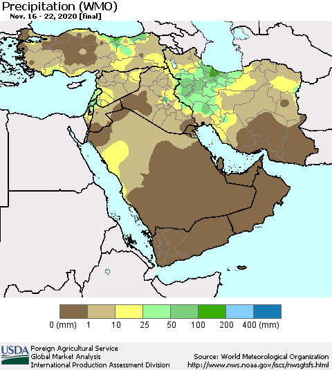 Middle East and Turkey Precipitation (WMO) Thematic Map For 11/16/2020 - 11/22/2020
