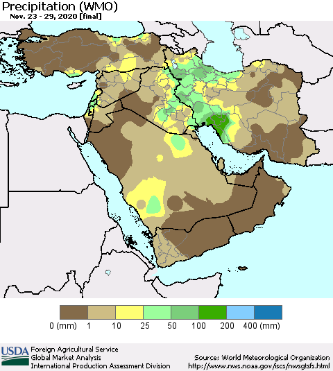 Middle East and Turkey Precipitation (WMO) Thematic Map For 11/23/2020 - 11/29/2020
