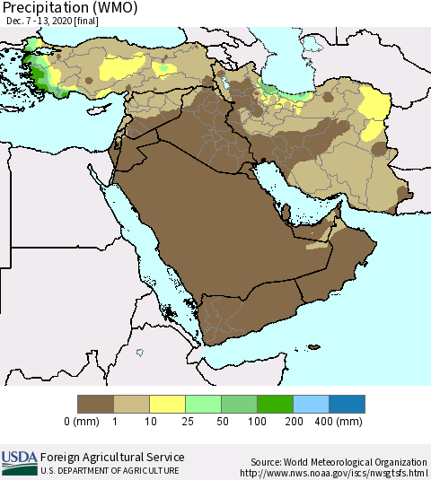Middle East and Turkey Precipitation (WMO) Thematic Map For 12/7/2020 - 12/13/2020