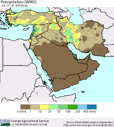 Middle East and Turkey Precipitation (WMO) Thematic Map For 12/14/2020 - 12/20/2020