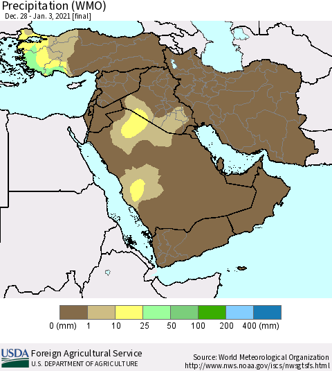 Middle East and Turkey Precipitation (WMO) Thematic Map For 12/28/2020 - 1/3/2021