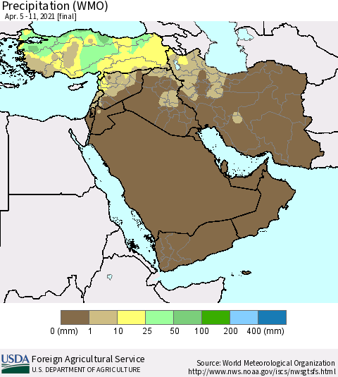 Middle East and Turkey Precipitation (WMO) Thematic Map For 4/5/2021 - 4/11/2021