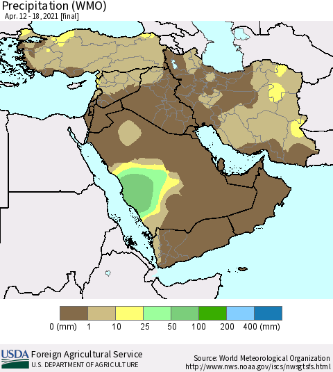 Middle East and Turkey Precipitation (WMO) Thematic Map For 4/12/2021 - 4/18/2021