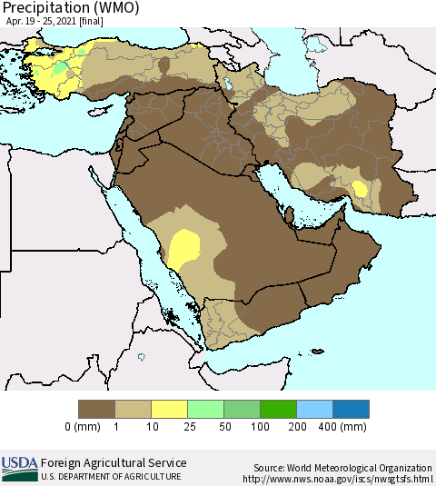 Middle East and Turkey Precipitation (WMO) Thematic Map For 4/19/2021 - 4/25/2021