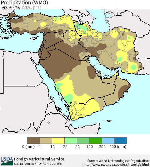 Middle East and Turkey Precipitation (WMO) Thematic Map For 4/26/2021 - 5/2/2021
